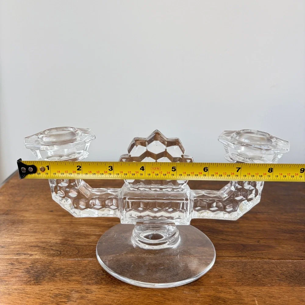 Vintage Double Arm Glass Candelabra Honeycomb Geometric Clear Candle Holder